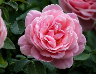 pink roses blooming on garden rosebush soft petals unfolding against deep green foliage with natural elegance