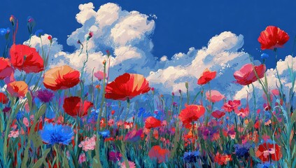 Obraz premium Vibrant poppy field under sunny sky, idyllic summer scene, perfect for greeting cards