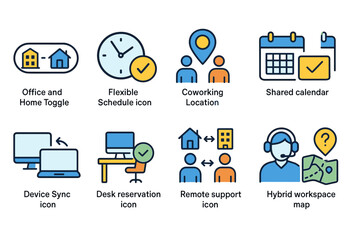Set of Colorful Icons for Hybrid Work Environment Including Flexible Schedule and Remote Support