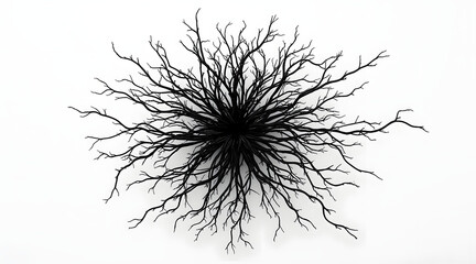 Minimalist abstract form of dried black vines arranged in radial pattern on white background, creating striking natural design