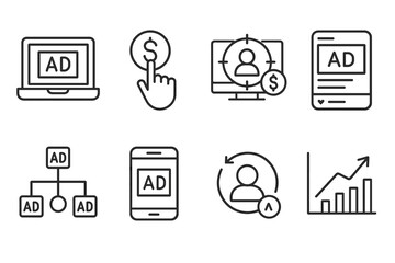Digital Advertising and Marketing Icons Set: PPC, Targeted Ads, Mobile and Growth Analytics