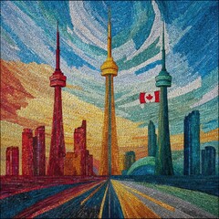 Mosaic Toronto skyline sunset, highway, Canadian flag, city art, travel poster