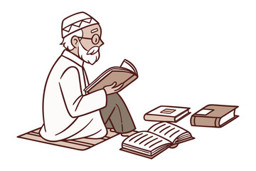 A young muslim man wearing a kufi and traditional attire sits on the floor reading a holy book with focused concentration and a gentle smile