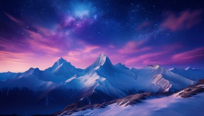 a photograph of a snow capped mountain range under a starry night sky deep blue and purple tones towering peaks peaceful and majestic scene