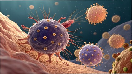 Realistic depiction of autoimmune attack &mdash; immune cells mistakenly attacking pancreatic beta cells, insulin secretion fading