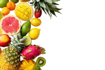 Vibrant array of fresh fruit slices, a colorful border against black