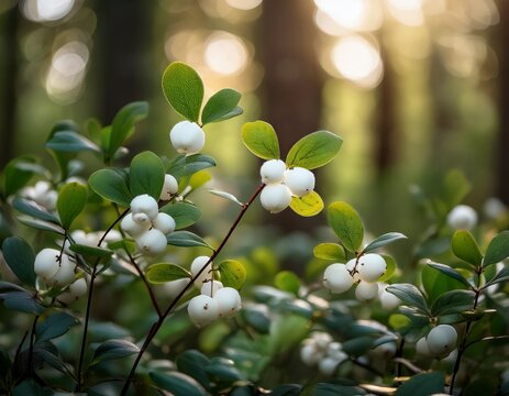 snowberry branches displaying white berries and verdant foliage nestled within soft focused woodland scenery