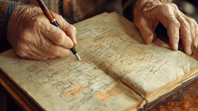 Wrinkled hands writing in an old book with scribbles and diagrams using a fountain pen