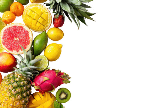 Vibrant array of fresh fruit slices, a colorful border against black