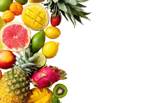 Vibrant array of fresh fruit slices, a colorful border against black