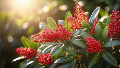 skimmia shrub displaying vibrant red berry clusters amid glossy green foliage basking in gentle garden sunlight