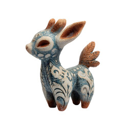 Whimsical ceramic deer figurine with intricate blue and white patterns and orange accents isolated on transparent background