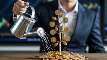 Person watering golden bitcoin tree with coins cryptocurrency investment