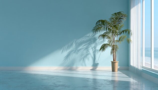 Sunny room, ocean view, potted palm, minimalist design, interior design inspiration