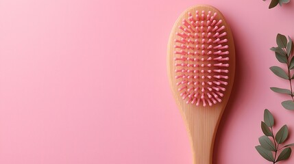 Hairbrush on a pink background with greenery nearby for a stylish look