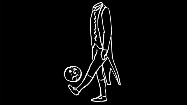 2d Animation cartoon character drawing of a headless man or horseman juggling pumpkin head with foot, keepie uppie or kick-ups  on white, black and green screen in 4k ultra-high-definition.