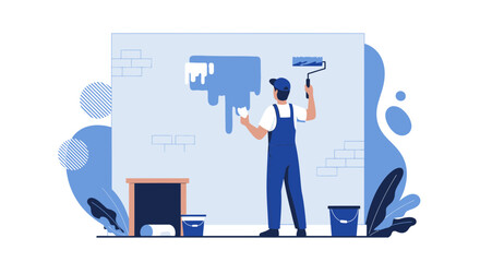 Professional Painter Applying Blue Color on a Wall with Paint Roller