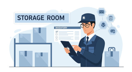 Manages Inventory In Storage Room With Tablet Ensuring Accurate Stock Levels