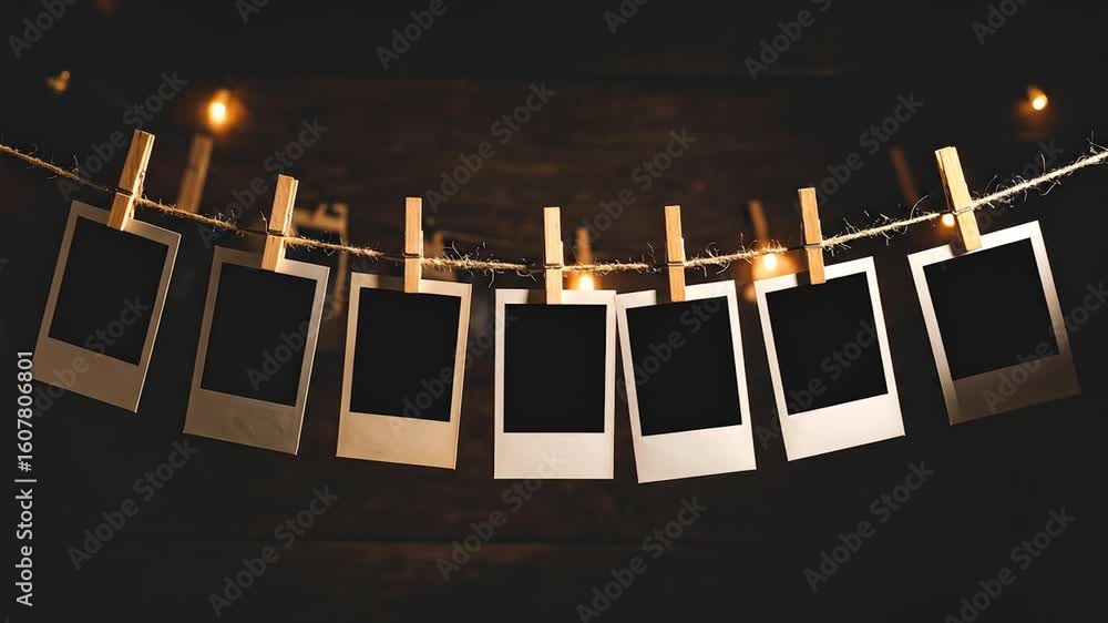 Aufkleber vintage photos hang on string with warm glowing string lights over dark wooden background for rustic