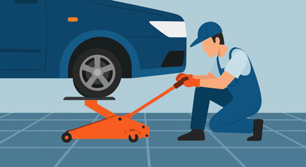 Obraz premium Mechanic Repairing Car Vehicle With Jack In The Garage Automotive Service