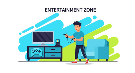 Modern Gaming Setup Boy Playing Interactive Video Game on Television