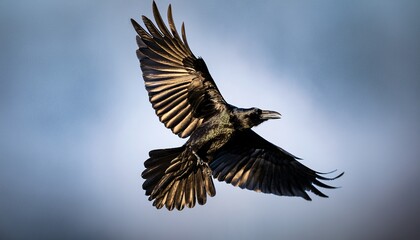 Obraz premium a single raven in mid flight wings spread wide dramatic lighting emphasizing its dark feathers
