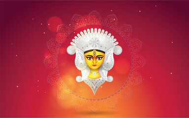 Durga Puja Banner Vector with Goddess Durga Face &mdash; Vibrant editable artwork featuring the divine face of Goddess Durga, ideal for festival banners, posters, and headers. 