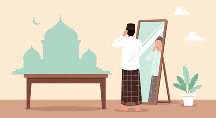 Muslim Man Prepares Himself In Front Of The Mirror At Home