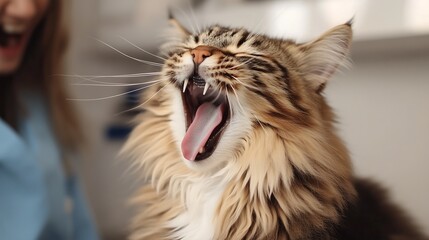Naklejka premium A fluffy tabby cat yawning in a veterinary clinic, exuding a relaxed and playful mood.