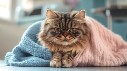 A fluffy Persian cat wrapped in a blue and pink blanket, looking curiously into the distance.