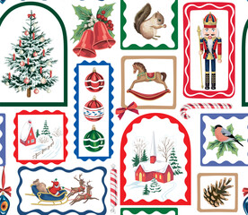 Santa Claus, church, winter house, snow, nutcracker, rocking horse, ball, Christmas tree, cone, bullfinch, squirrel, mistletoe, red bell in frame print. Merry Christmas, New Year patchwork pattern.	