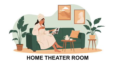Fototapeta premium Relaxing Afternoon With Tea And Magazine In Comfortable Interior Illustration