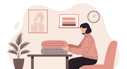 Fototapeta premium Woman Arranging Folded Laundry In Cozy Room For Everyday Routine Flat Vector