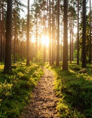 Sunlit Forest Path with Green Grass and Beams