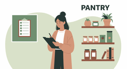 Woman Checking Pantry Inventory And Making List Of Needed Products