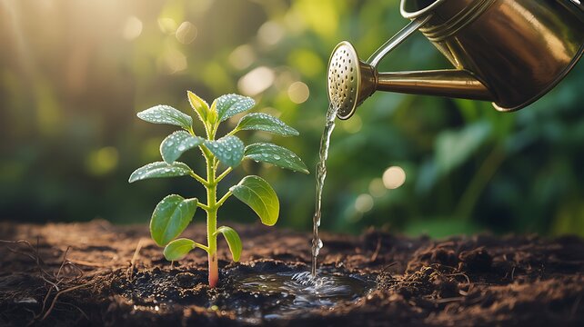 Tiny green sprout watered by golden can plant growth - Powered by Adobe