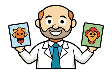 Enthusiastic cartoon businessman delivers an exciting speech with open arms at a podium