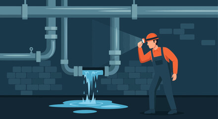 Obraz premium Plumbing Problem Solving A Cartoon Plumber Inspecting Leaky Pipes In A Dark Basement