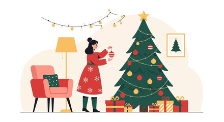 Woman Decorating Christmas Tree At Home In Festive And Cozy Atmosphere