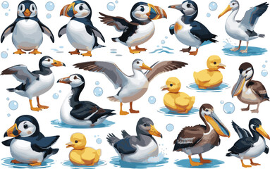 Fototapeta premium A colorful vector illustration of various aquatic birds like penguins and ducks