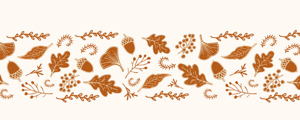 Decorative autumn border with hand-drawn oak leaves, ginkgo, berries, acorns in flat vector style. Warm earthy tones on light background. Perfect for greeting cards, banners, packaging, headers.