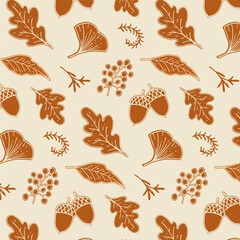 Seamless pattern with hand-drawn oak leaves, ginkgo leaves, berries, and acorns in flat vector style. Warm brown tones on beige background. Great for packaging, fabric, autumn decor, and stationery.