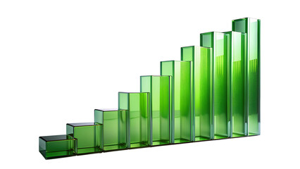 A 3d illustration of green glass bars arranged in an upward trend, symbolizing financial growth and business success isolated on transparent background