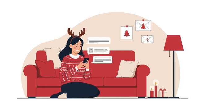 Woman Enjoying Christmas While Using Phone At Home Holiday Concept