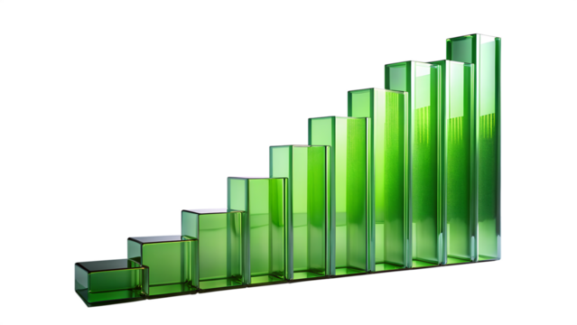 A 3d illustration of green glass bars arranged in an upward trend, symbolizing financial growth and business success isolated on transparent background