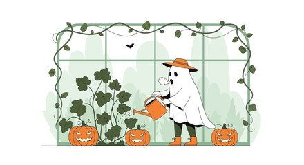 Fototapeta premium Spooky Gardener Watering Pumpkins For Halloween Season Decor Greenhouse