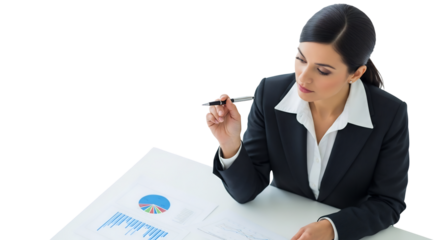 Focused businesswoman analyzing financial data, charts, and reports for business planning, investor presentations, or market research, isolated on white & transparent background.