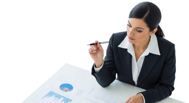 Focused businesswoman analyzing financial data, charts, and reports for business planning, investor presentations, or market research, isolated on white & transparent background.