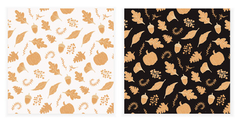 Seamless pattern with hand-drawn pumpkins, oak leaves, ginkgo, acorns, and berries. Vector illustration in fall colors on dark and light backgrounds. Great for fabric, wrapping, seasonal prints.