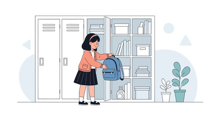 Student Preparing For School Holding Backpack Near Open Locker Illustration
